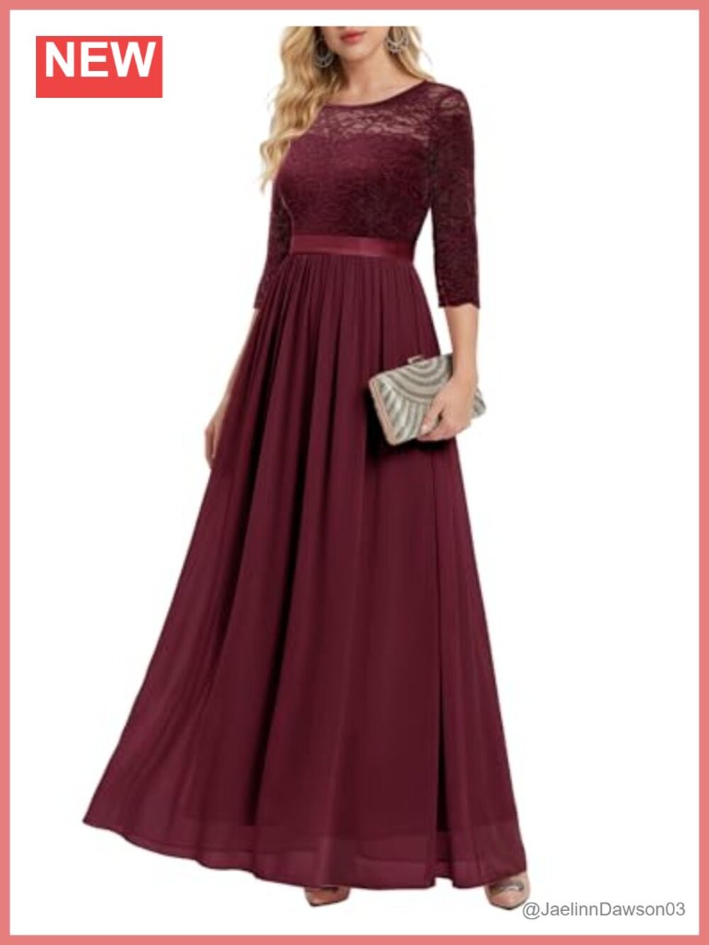 Women's Long Sleeve Lace Chiffon Formal Wedding Guest Maxi Dress A-Line